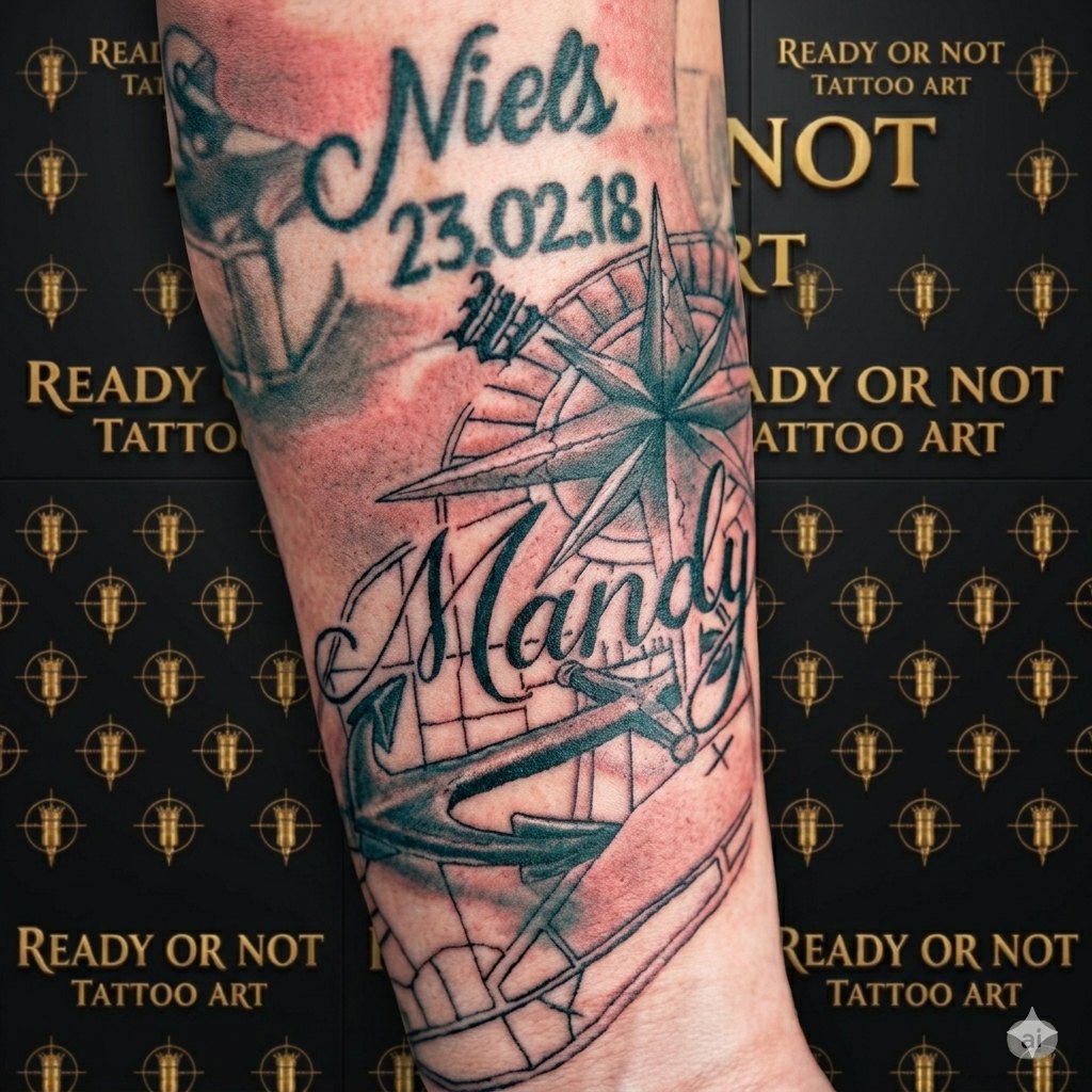 Lettering & Kompass Tattoo — Persönliche Namen mit Windrose