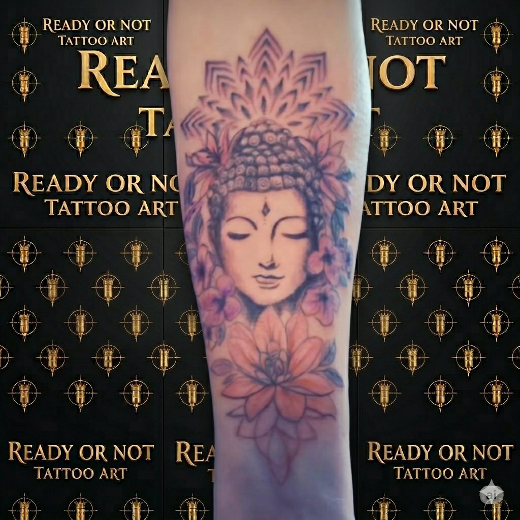 Farbrealismus Tattoo — Buddha mit Lotusblüten in kräftigen Farben